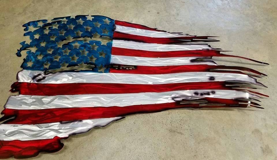 Metal American Flag Tattered War Torn and Distressed
