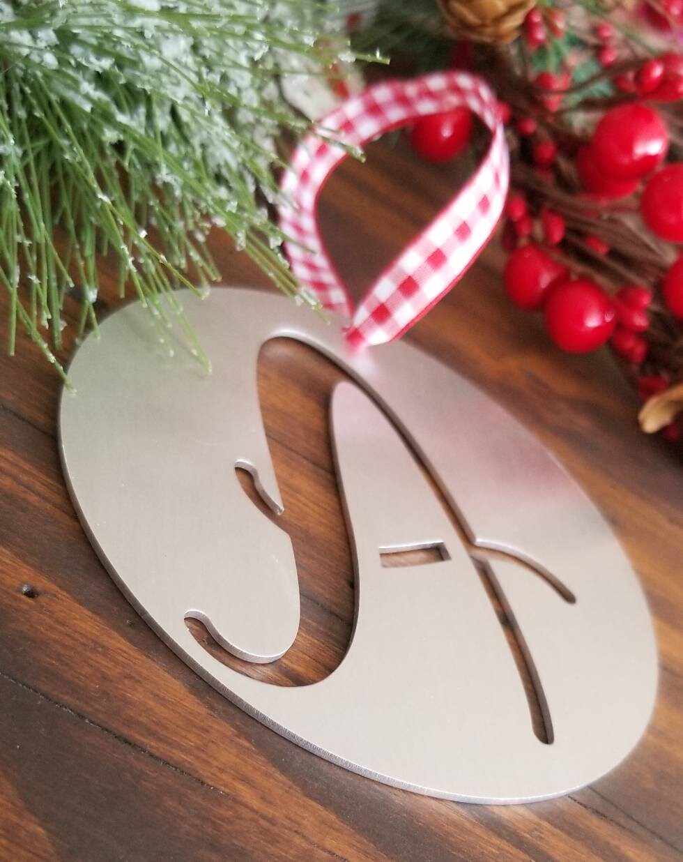 Rustic Aluminum Monogram Christmas Ornament, Metal Initial Ornament, Rustic Christmas Decor, Personalized Letter Ornament, Stocking Ornament